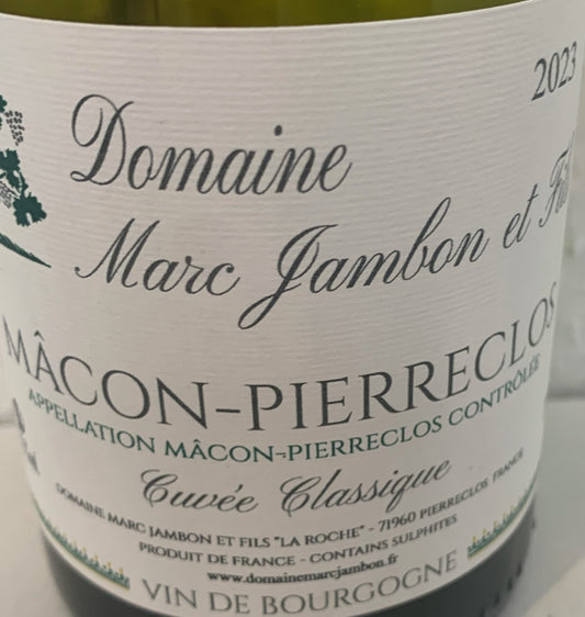 Glas des Domaine Marc Jambon et Fils Mâcon-Pierreclos 2023 Chardonnay, das seine lebhafte Farbe und Textur zeigt, perfekt für Kenner, die einen erschwinglichen Best Buy Chardonnay suchen.