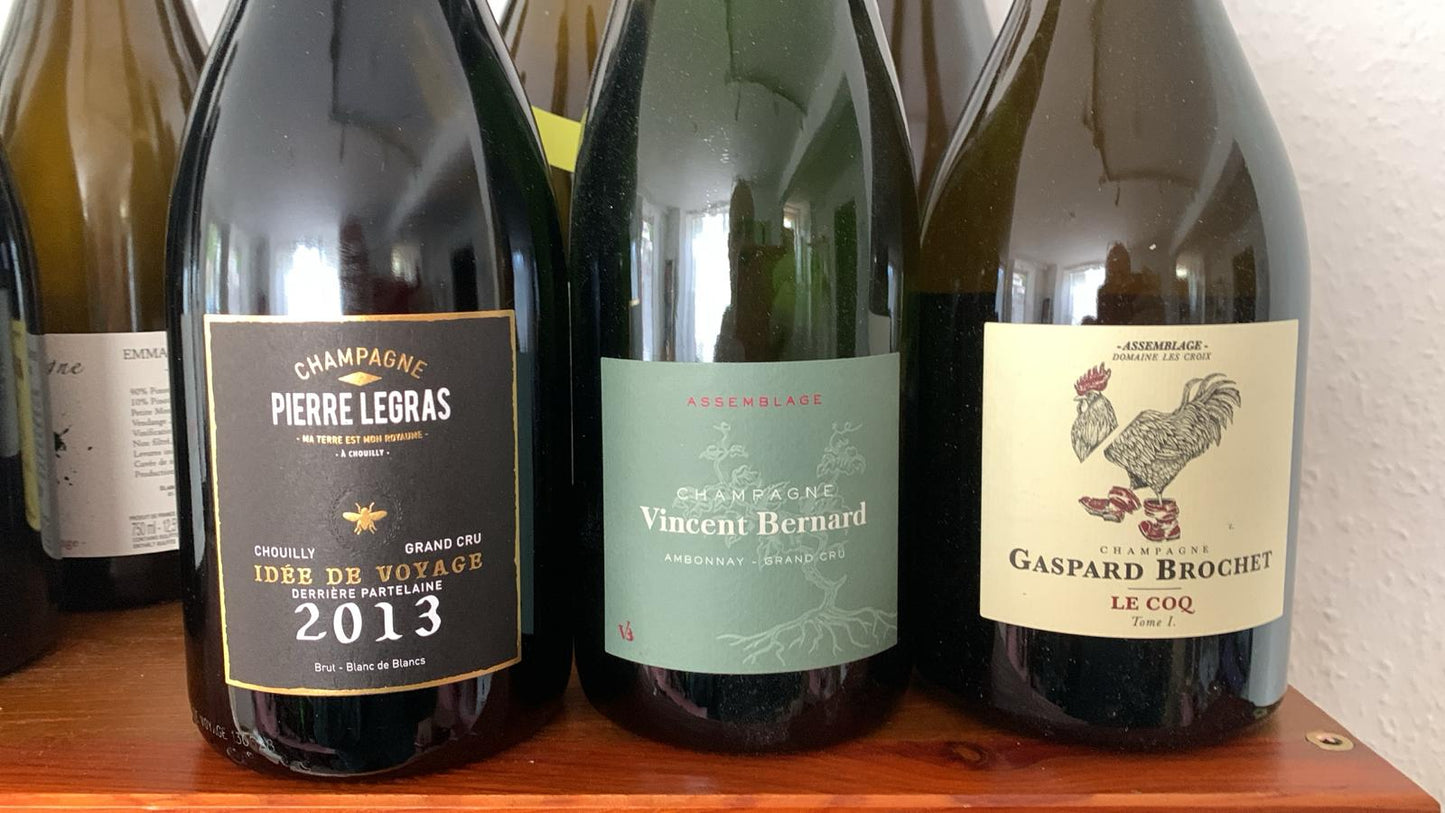 Drei Flaschen Champagner im Bundle: Brochet Le Coq, Bernard Assemblage, Legras Idée de Voyage 2013.