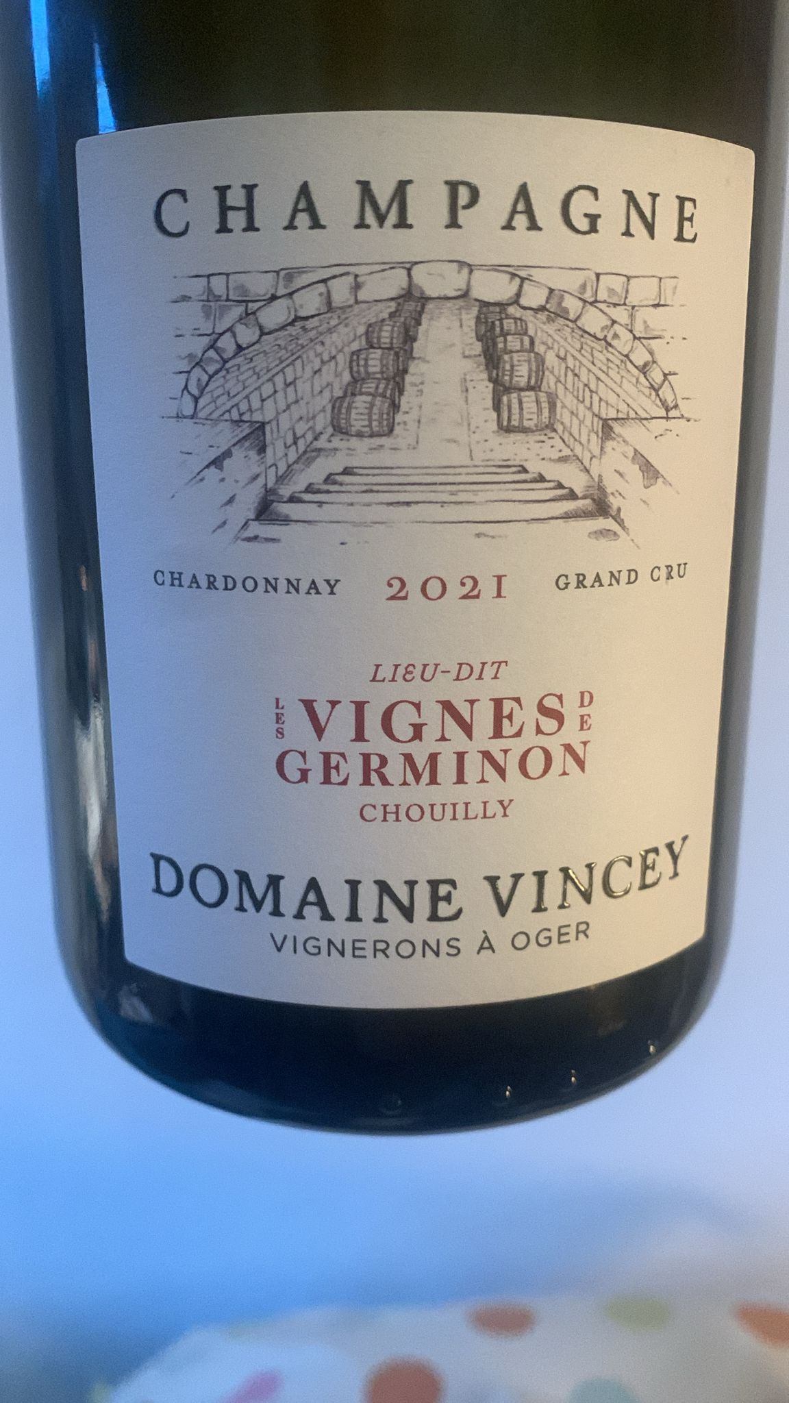 Champagne Domaine Vincey Les Vignes de Germinon 2021 – Grand Cru Chardonnay Brut Nature aus Chouilly, biodynamisch und ohne zugesetzte Sulfite vinifiziert.
