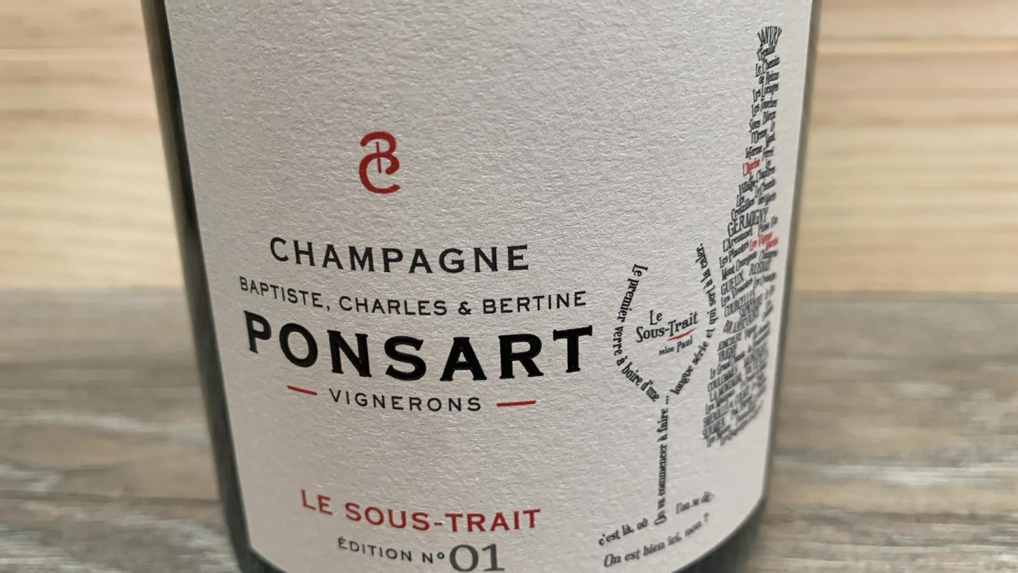 Champagne Ponsart Le Sous-Trait Extra Brut – Cuvée aus 70 % Meunier und 30 % Chardonnay, Janvry & Germigny, 13 % vol., enthält Sulfite
