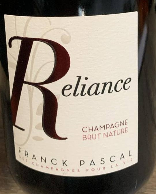Front- und Rücketikett Champagne Franck Pascal Reliance Brut Nature 2019 mit Angaben zu Rebsorten, Alkoholgehalt und Sulfiten