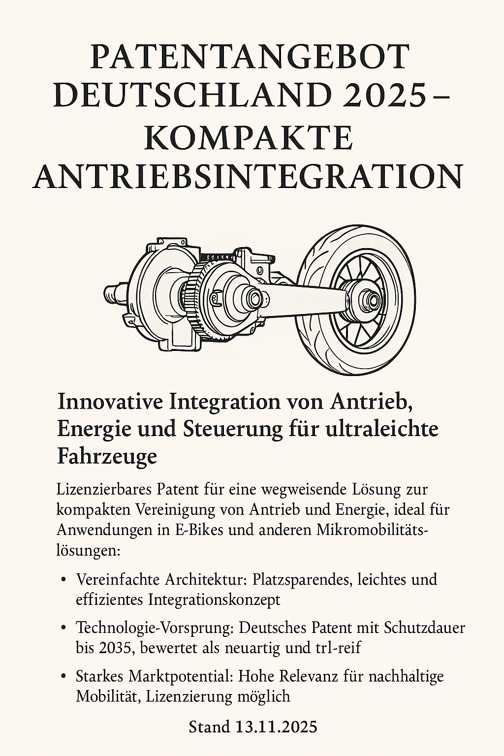 Patentangebot Deutschland 2025 – Innovative Integration von Antrieb, Energie und Steuerung für ultraleichte Fahrzeuge. Stand 13.11.2025.