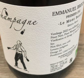 Emmanuel Brochet Le Mont Benoît Extra Brut aus Premier-Cru-Lagen der Montagne de Reims mit spontaner Vergärung, 2 g/l Dosage und terroirorientiertem Ausbau.