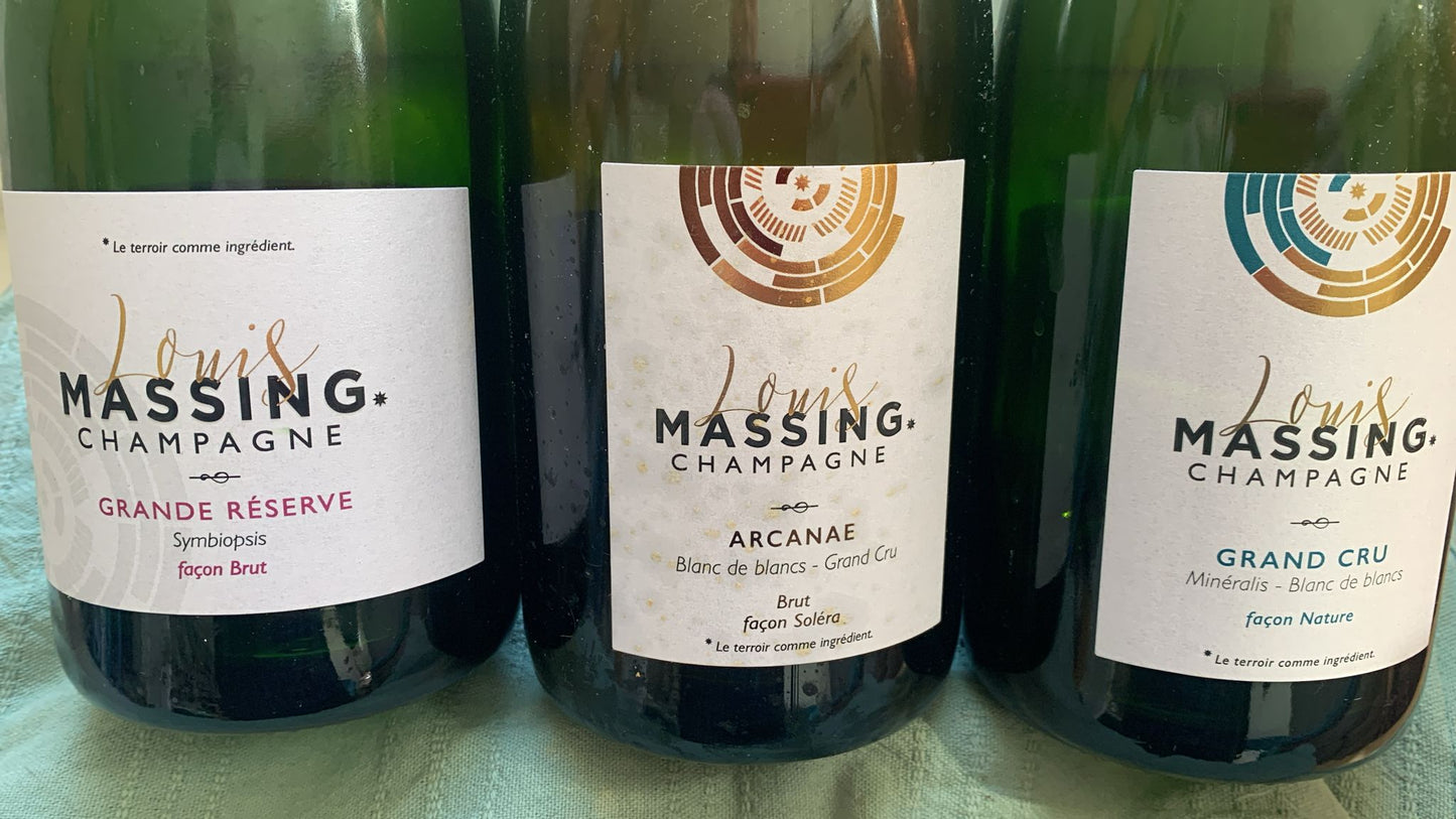 Louis Massing Entdeckerpaket mit drei Champagnern: Grande Réserve Brut, Minéralis Grand Cru Blanc de Blancs und Arcanae Soléra Avize 5 Jahre Hefelager in der Übersicht