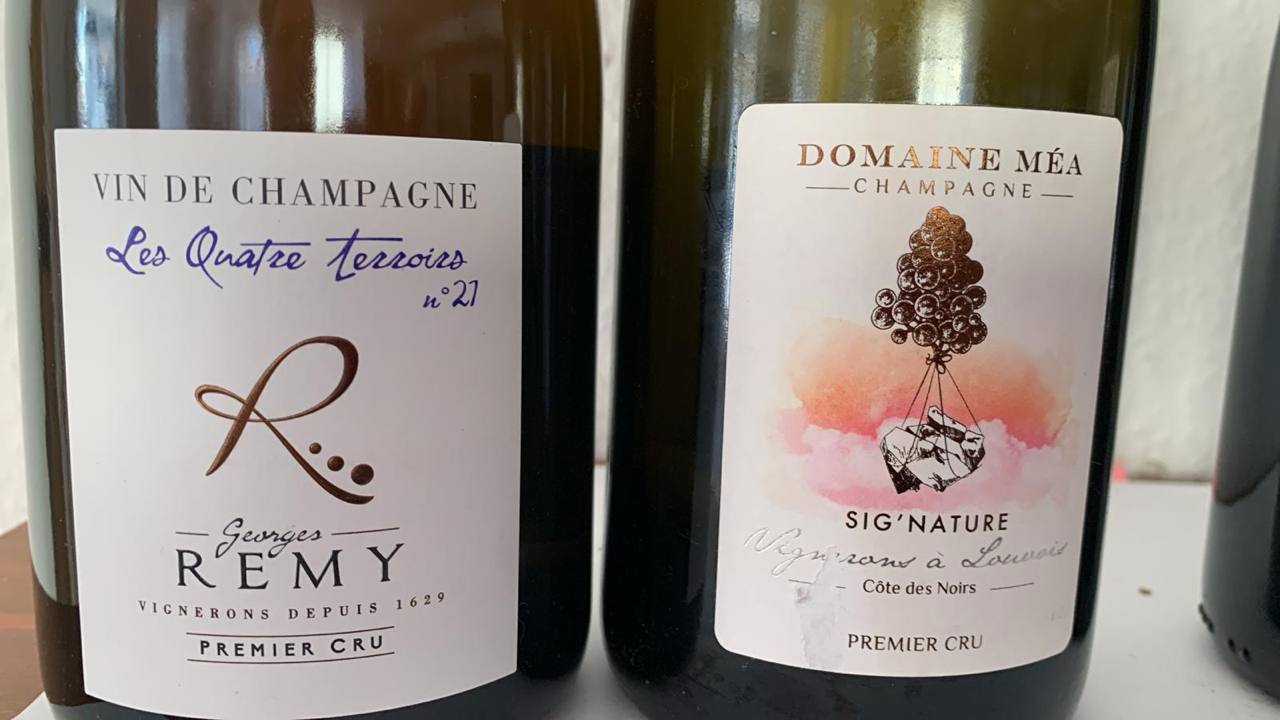 Zwei Champagnerflaschen im Vergleich: Georges Remy Les Quatre Terroirs N°21 Premier Cru Multi-Terroir-Cuvée und Domaine Méa Sig’Nature 22 Pinot-Noir Premier Cru aus Bouzy mit terroirgeprägter Brut-Nature-Stilistik.