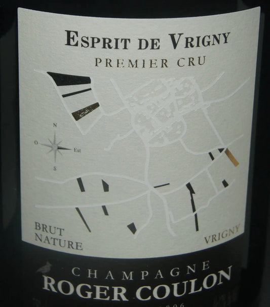 Roger Coulon Esprit de Vrigny Brut Nature Champagner: 2016er Jahrgang, Pinot Meunier aus Vrigny, Holzausbau, komplexe Aromen und intensiver Charakter.