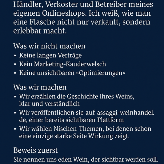 WeinNarrativ Grafik: 35 Jahre Weinerfahrung, keine Verträge, keine Floskeln – stattdessen klare Geschichten und Beweis in zwei Wochen.