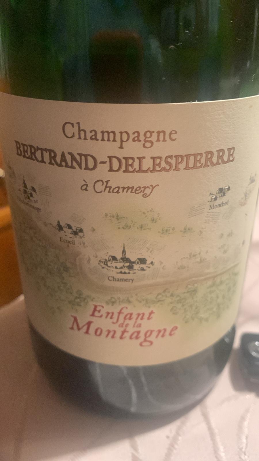 Flasche Champagne Bertrand-Delespierre „Enfant de la Montagne“ Extra Brut – Verkostung 2025 durch Donald Pennet, zeigt die Härte und Reduktion des Jahrgangs 2021.