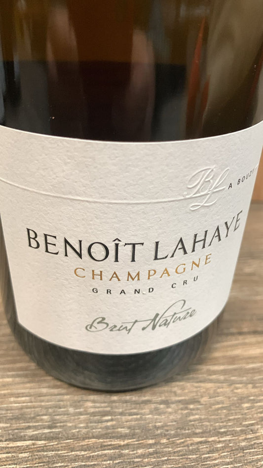 Etikett von Benoît Lahaye Champagne Brut Nature, 90 % Pinot Noir, 10 % Chardonnay, Grands Crus Bouzy und Ambonnay, dégorgiert 02/2024, 12 % vol, enthält Sulfite.