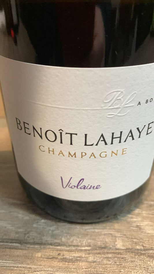 Etikett Champagne Benoît Lahaye ViolAine Brut Nature Millésime 2020 mit Angaben zu Rebsorten, Degorgement, Alkoholgehalt und Sulfiten