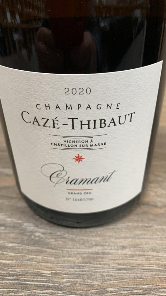 Etikett von Champagne Cazé-Thibaut Cramant 2020 Grand Cru Blanc de Blancs, Release 2025, Brut Nature ohne Dosage, Chardonnay aus Cramant.