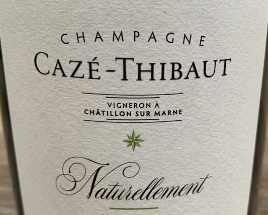 Etikett von Champagne Cazé-Thibaut Naturellement Brut Nature Pinot Meunier, Release 2025, ohne Dosage, mit Fassausbau.