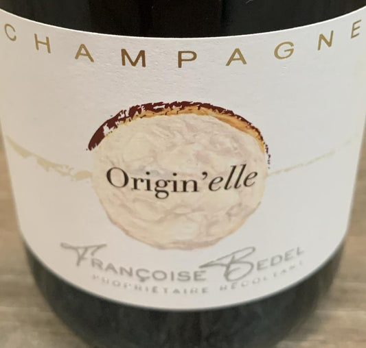 Champagne Françoise Bedel Origin’elle Extra-Brut – biodynamisch, 80 % Meunier, 15 % Chardonnay, 5 % Pinot Noir, Vallée de la Marne, Dégorgement Juli 2021.