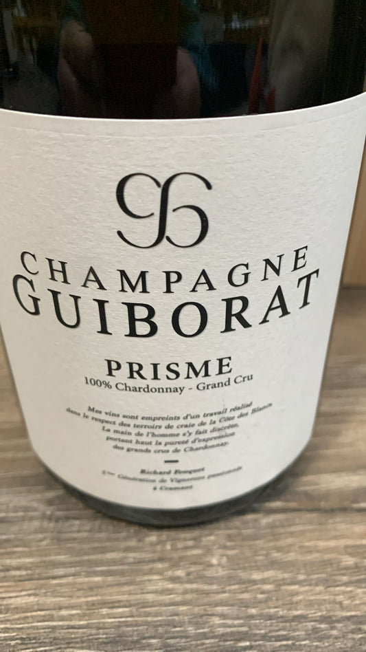 Etikett von Champagne Guiborat Prisme.18 Extra Brut, 100 % Chardonnay, Grand Cru, Jahrgang 2018, dégorgiert 11/2022, 1,5 g/l Dosage, 12,5 % vol, enthält Sulfite.