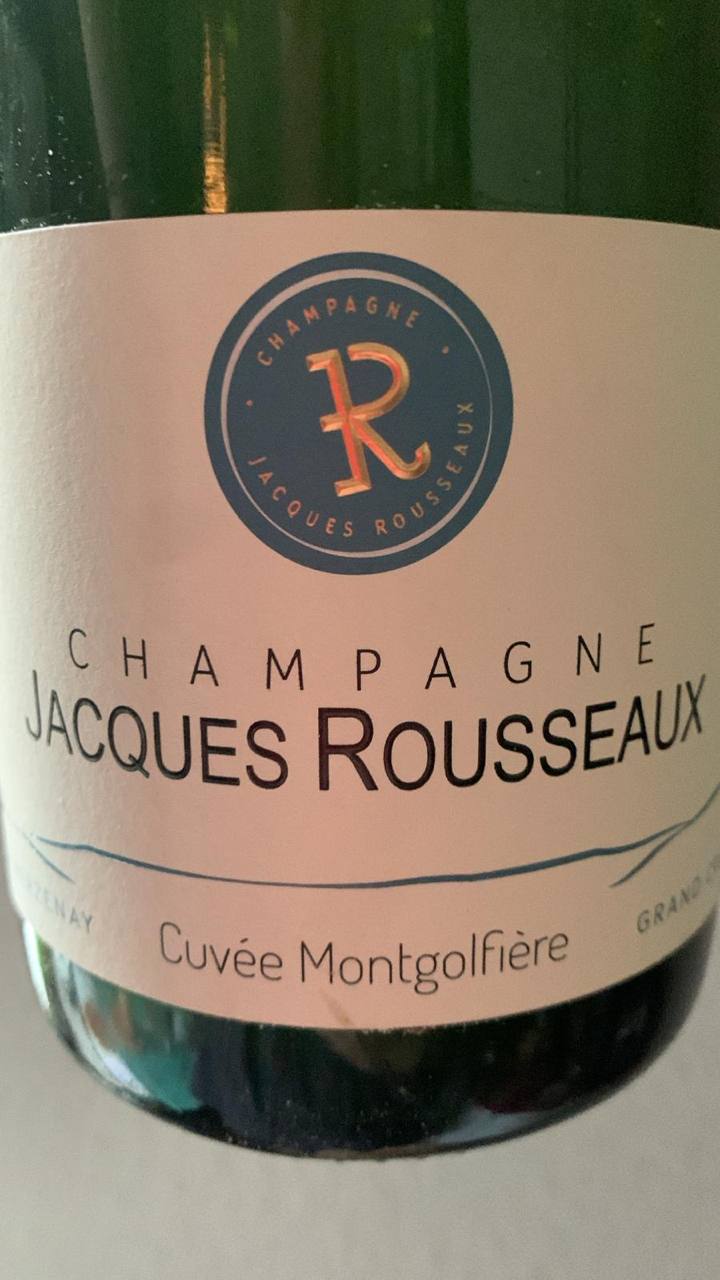 Etikett der Champagne Jacques Rousseaux Cuvée Montgolfière Grand Cru aus Verzenay mit Angabe von Rebsorten, Dosage, Alkoholgehalt und Degorgement