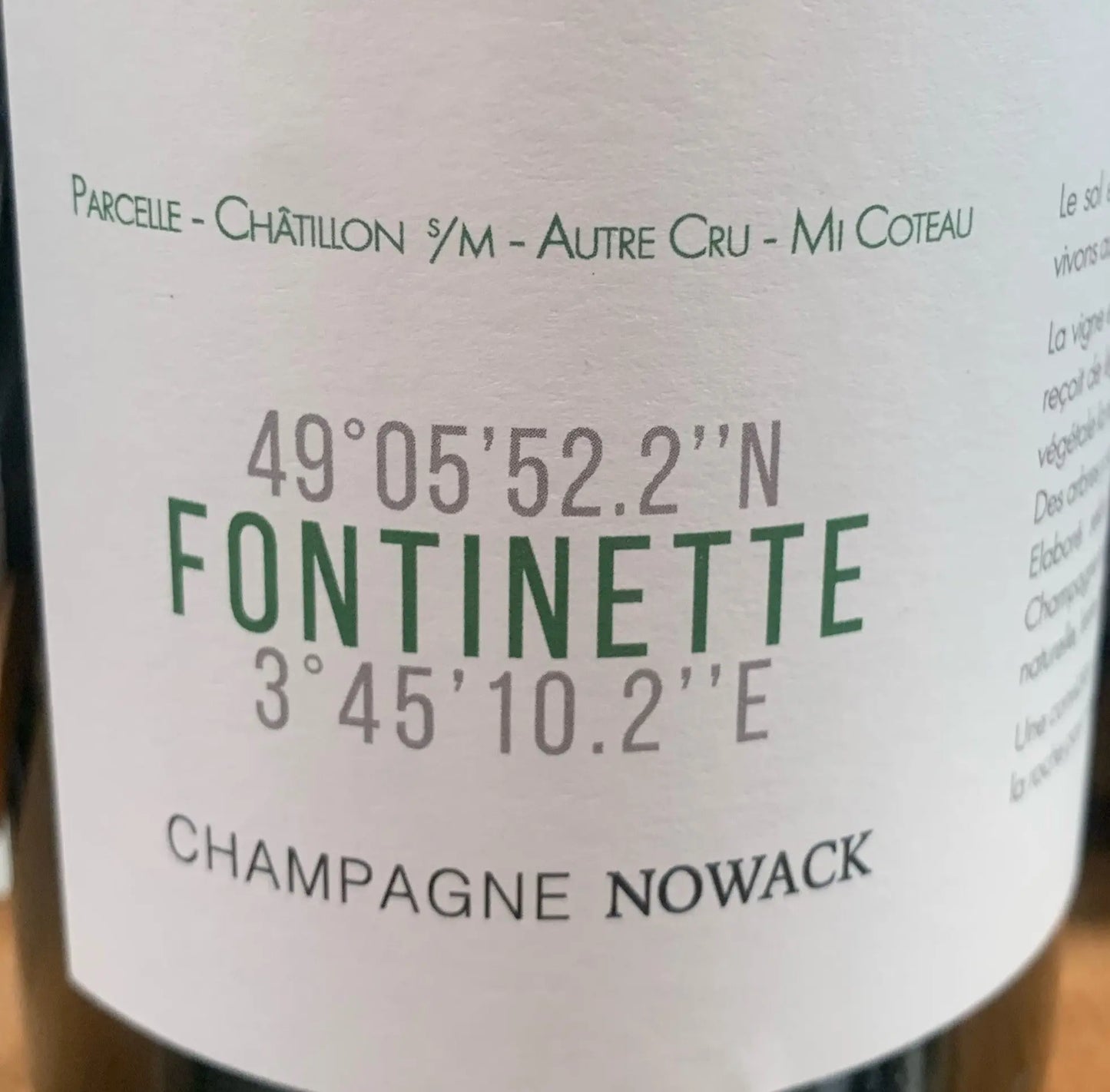 Flasche Domaine Nowack Champagne Fontinette Brut Nature, 100% Meunier, Jahrgang 2020, ungefiltert, natürliche Fermentation, gereift in Fässern.