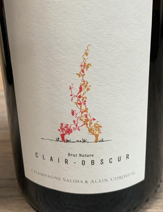 Champagne Salima & Alain Cordeuil Clair-Obscur – Brut Nature 2020 aus Noé-les-Mallets, biodynamisch erzeugt, ohne Schwefelzusatz, Pinot Noir & Chardonnay.