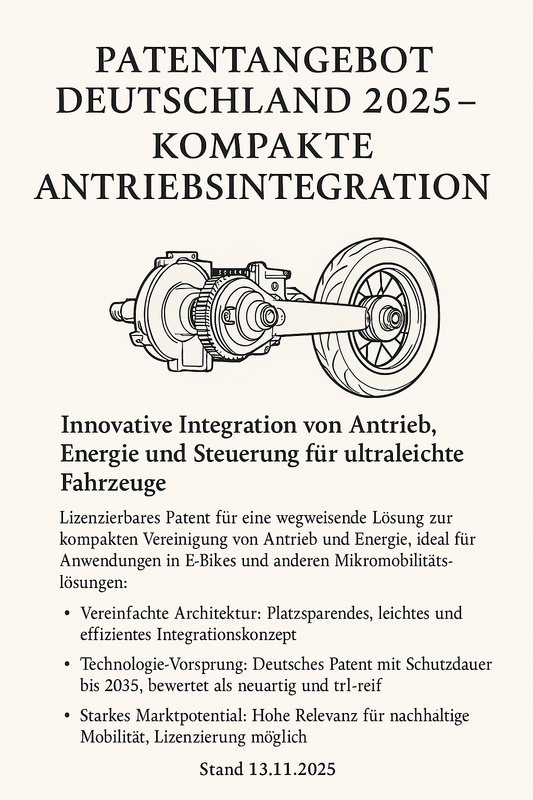 Patentangebot Deutschland 2025 – Innovative Integration von Antrieb, Energie und Steuerung für ultraleichte Fahrzeuge. Stand 13.11.2025.