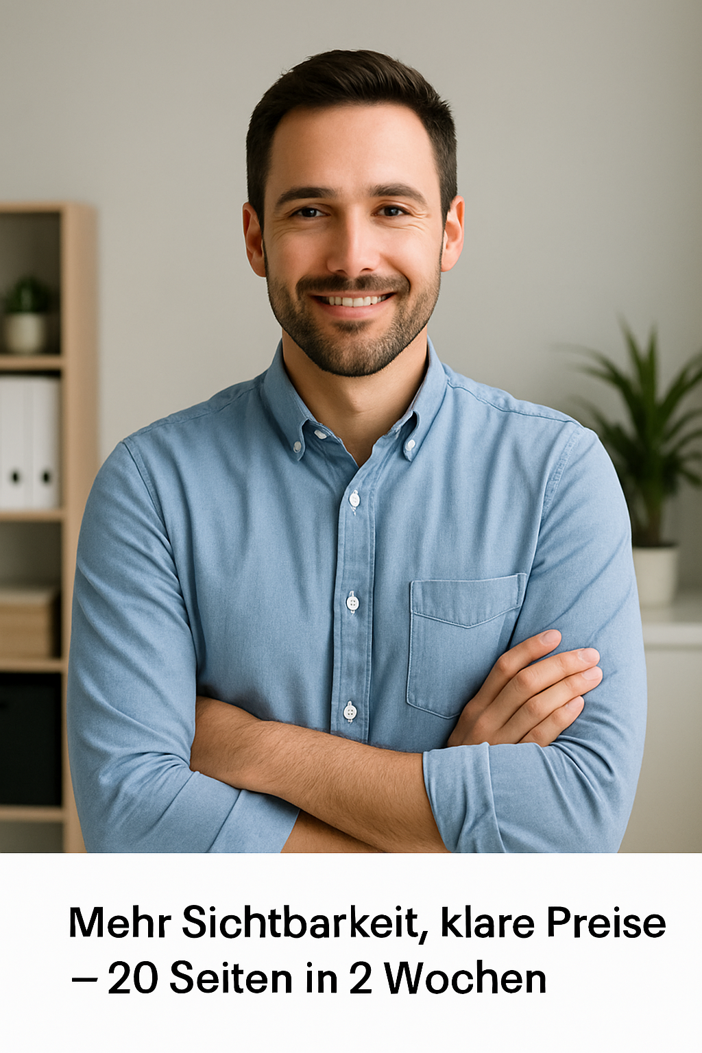 Authentischer Kleinunternehmer in modernem Büro, lächelnd und professionell, mit Slogan: Mehr Sichtbarkeit, klare Preise – 20 Seiten in 2 Wochen