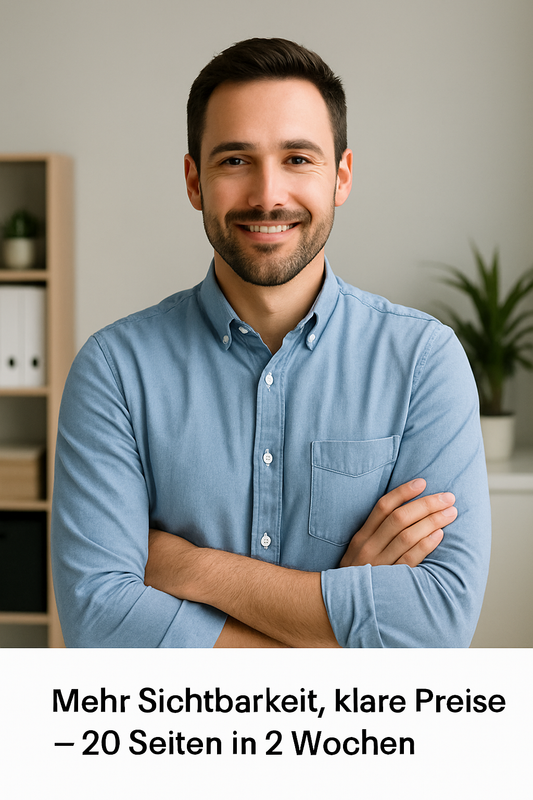 Authentischer Kleinunternehmer in modernem Büro, lächelnd und professionell, mit Slogan: Mehr Sichtbarkeit, klare Preise – 20 Seiten in 2 Wochen