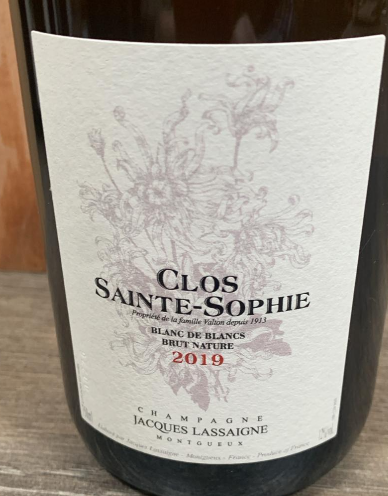 Clos Sainte-Sophie 2019 Jacques Lassaigne Blanc de Blancs Brut Nature Montgueux Einzellage Champagner Flasche Etikett Vorderansicht