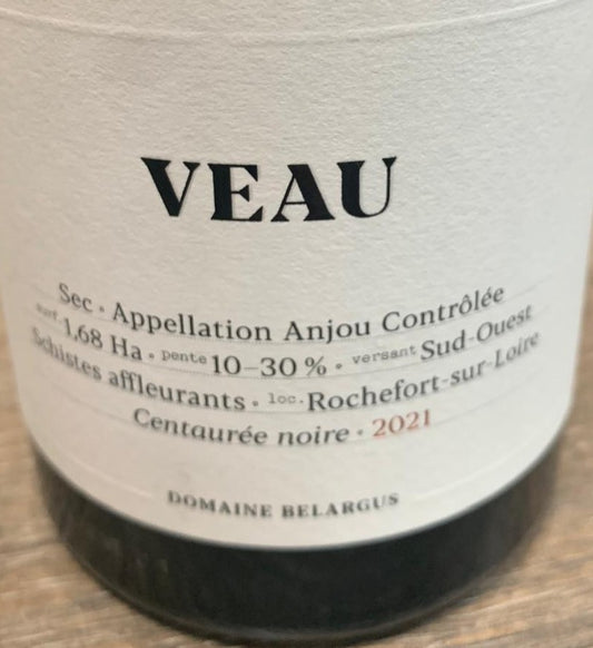 Flaschenetikett Domaine Belargus Veau 2021 Anjou Sec – Chenin Blanc aus Rochefort-sur-Loire, Schiefer-Terroir.