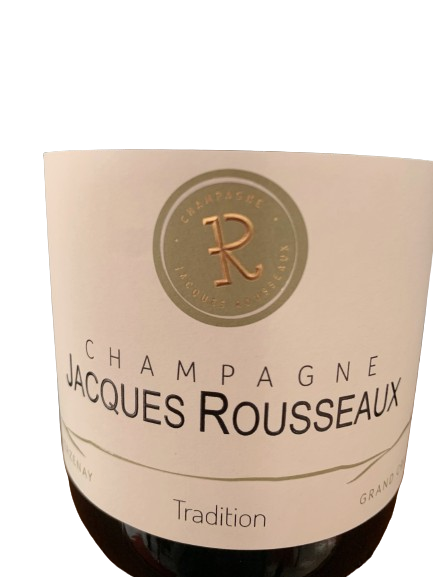 Flasche des Premium Extra Brut Champagne Jacques Rousseaux Tradition aus Verzenay Grand Cru, mit 80% Pinot Noir und 20% Chardonnay, 12.5% vol. Alkoholgehalt, Abfülljahr 2021.
