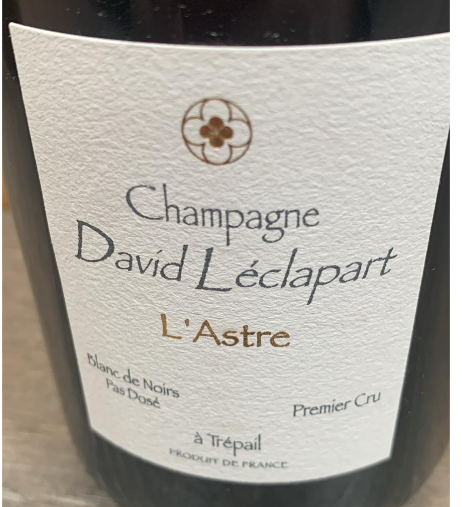 L’Astre David Léclapart Blanc de Noirs Brut Nature Champagner Trépail Premier Cru Flasche Etikett Vorder- und Rückseite 04.05.2026