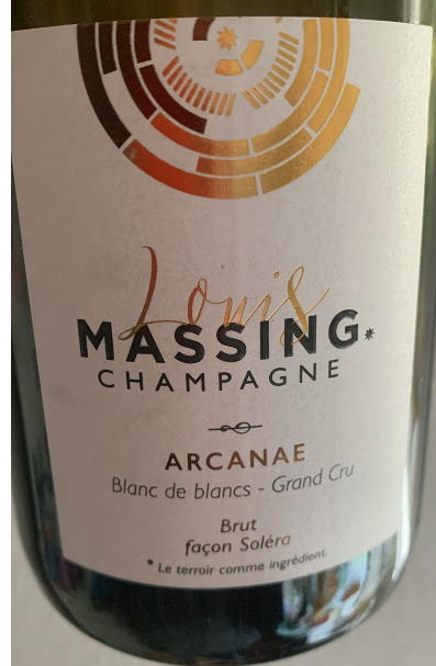 Champagne Louis Massing Arcanae Blanc de Blancs Grand Cru aus Avize mit Soléra-Ausbau und langer Hefelagerung – Flaschenetikett Detailansicht