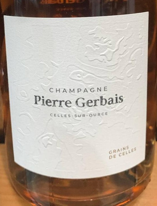 Champagne Pierre Gerbais Grains de Bulles Rosé Extra Brut 2022, Etikett mit Herkunft Celles-sur-Ource und Rebsortenangabe Pinot Noir, Chardonnay und Pinot Blanc.
