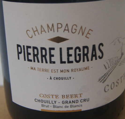 Pierre Legras Blanc de Blancs Grand Cru Brut, eine echte Alternative zu Ruinarts Blanc de Blancs, mit eleganter Flasche und feinen Blasen.