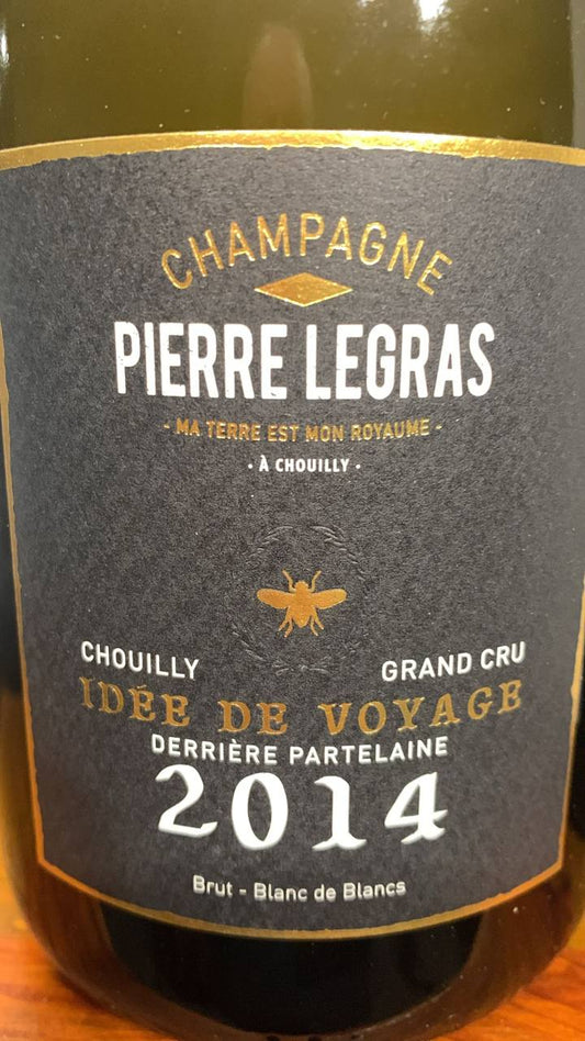 Front- und Rücketikett Champagne Pierre Legras Idée de Voyage Derrière Partelaine 2014 Grand Cru mit Angaben zu Chardonnay, Dosage, Alkoholgehalt und Sulfiten