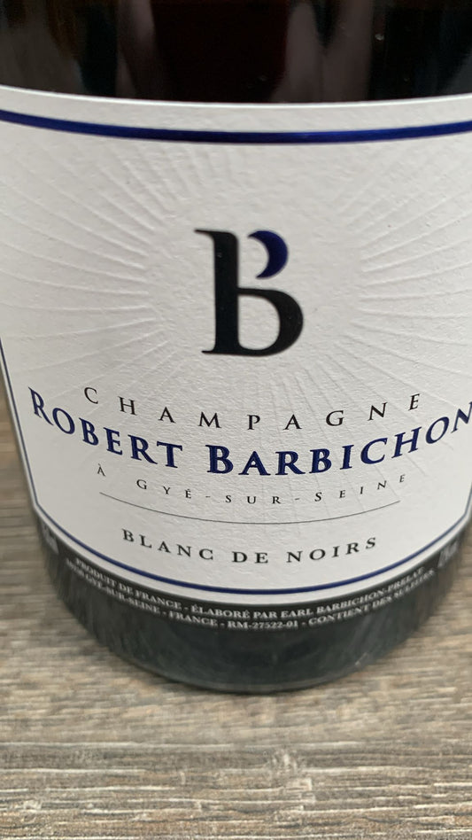 Flasche Robert Barbichon Blanc de Noirs Brut Nature, biodynamisch, 97 % Pinot Noir, 12 % vol., enthält Sulfite, erhältlich bei Assaggi-Weinhandel.