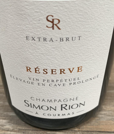 Rücketikett Champagne Simon Rion Réserve Extra Brut aus Courmas Vin Perpétuel mit langem Hefelager Meunier Pinot Noir Chardonnay